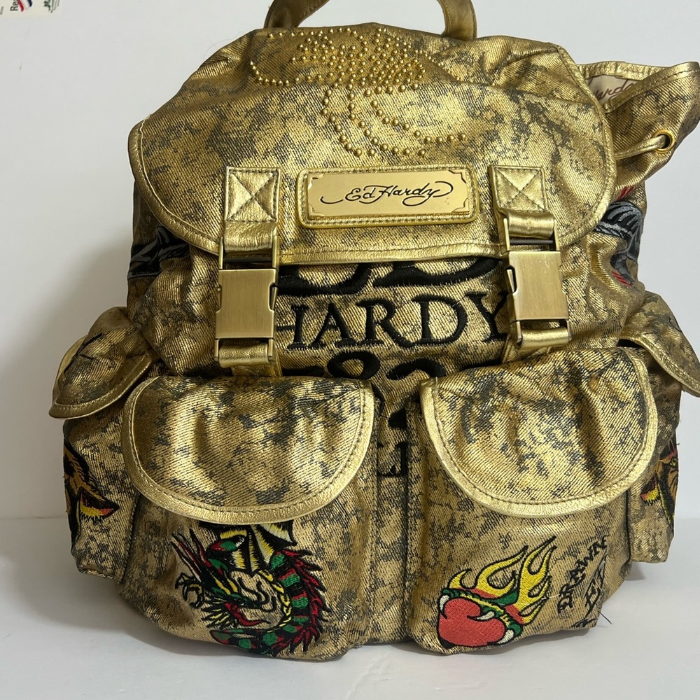 Vintage Ed Hardy Gold Backpack with Embroidered Designs,